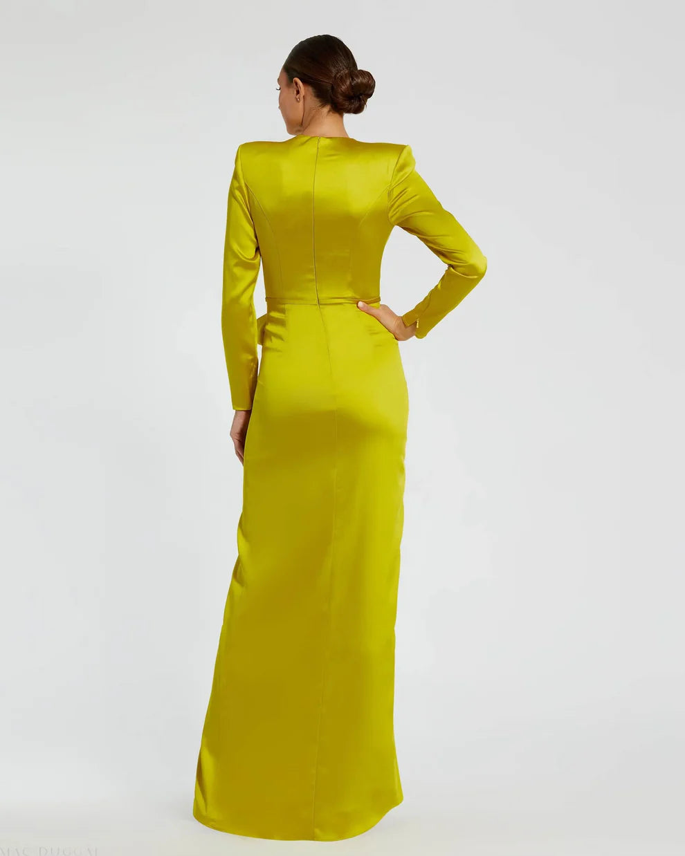 Dark Green Long Sleeve Satin Structured Bow Draped Column Gown - FOSTANI.com