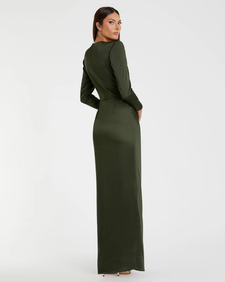 Dark Green Long Sleeve Satin Structured Bow Draped Column Gown - FOSTANI.com