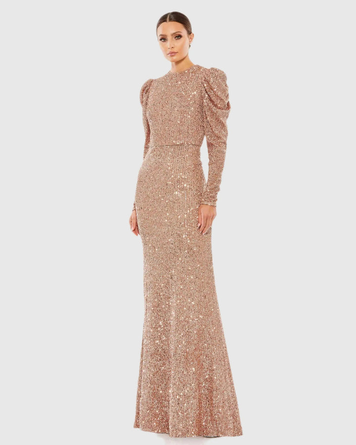 Mac Duggal 26692 Sequined High Neck Puff Long Sleeve Column Gown
