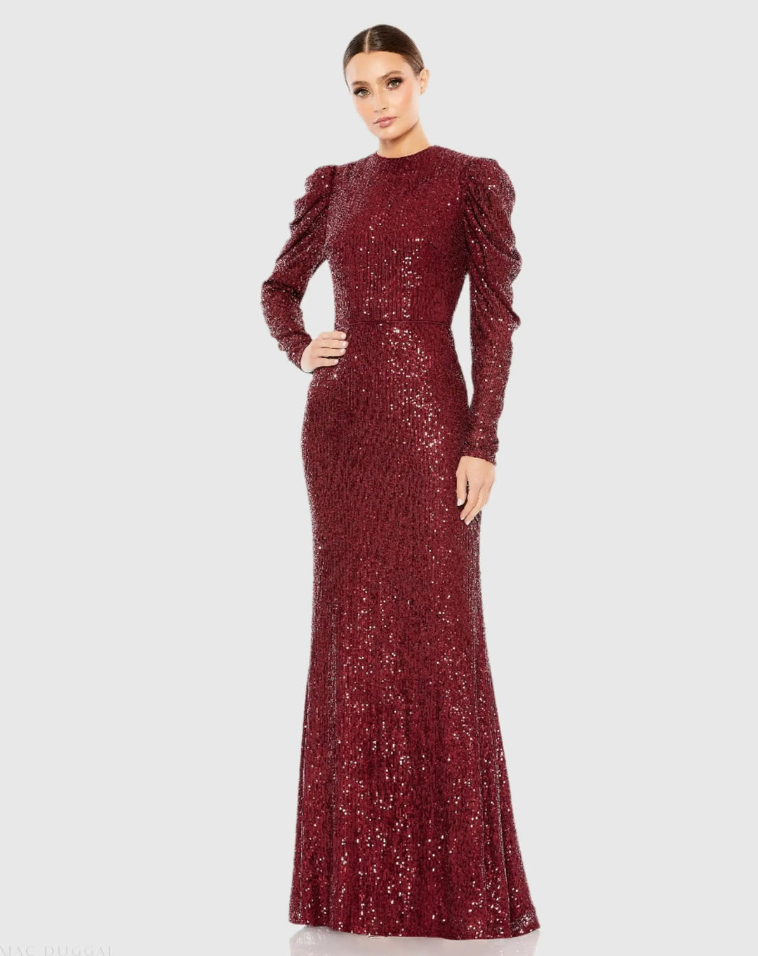 Mac Duggal 26692 Sequined High Neck Puff Long Sleeve Column Gown