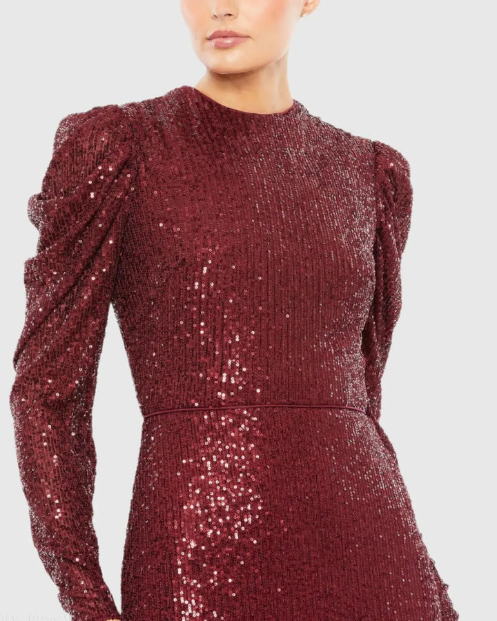 Mac Duggal 26692 Sequined High Neck Puff Long Sleeve Column Gown