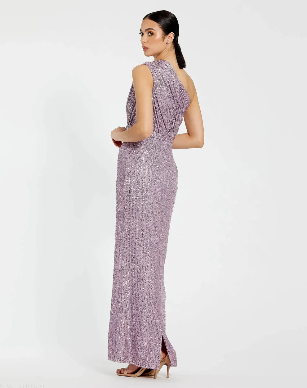 Mac Duggal 9926694P Petite Dark Green Sequined Ruched One Shoulder Gown
