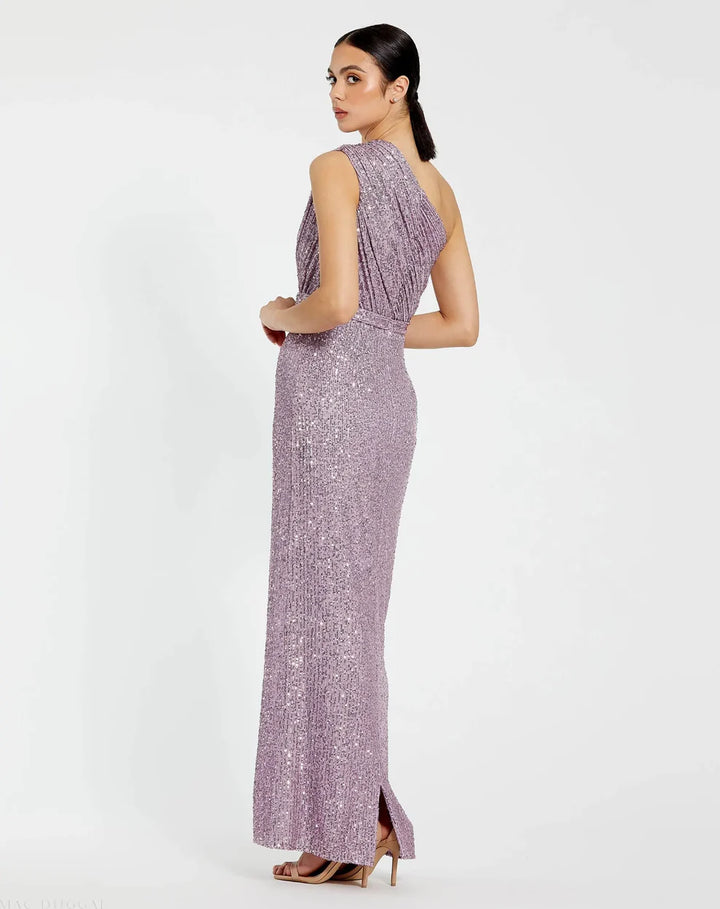 Mac Duggal 9926694P Petite Dark Green Sequined Ruched One Shoulder Gown