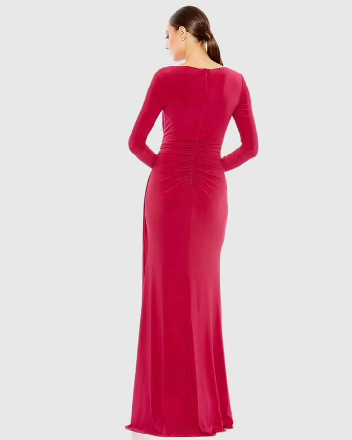 Mac Duggal 26714 Ruched Long Sleeve Boat Neck Gown