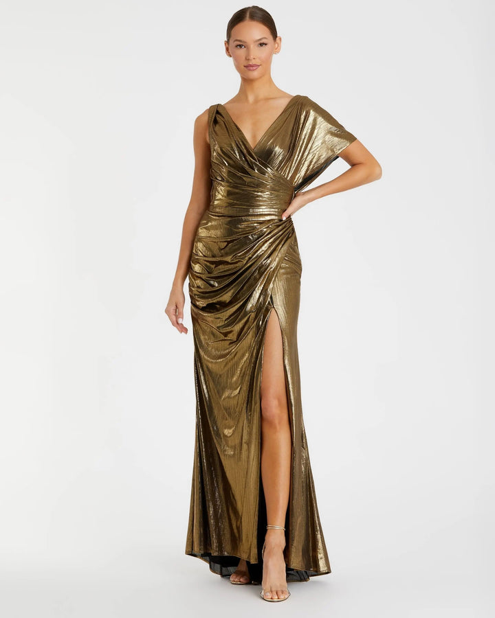 Mac Duggal 26986 Asymmetrical Draped Metallic Trumpet Gown