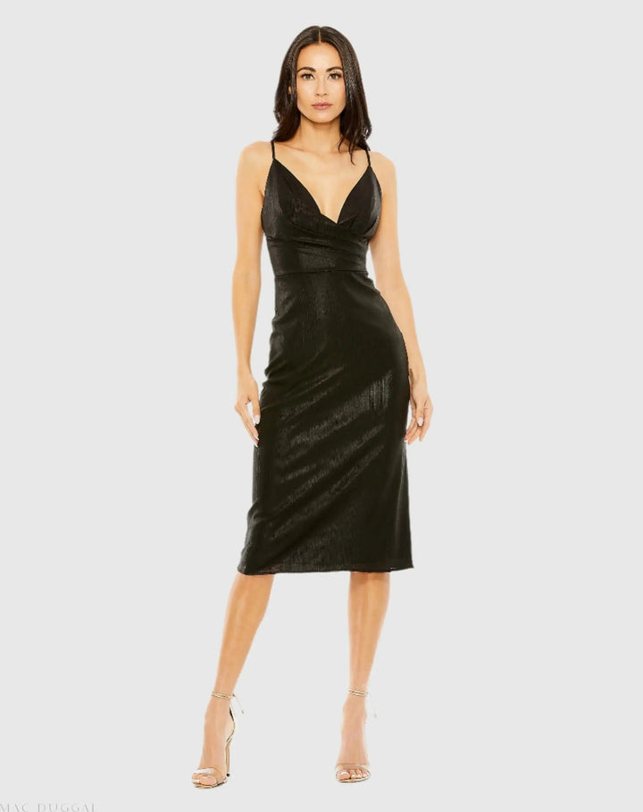Mac Duggal 27057 Metallic V Neck Midi Dress