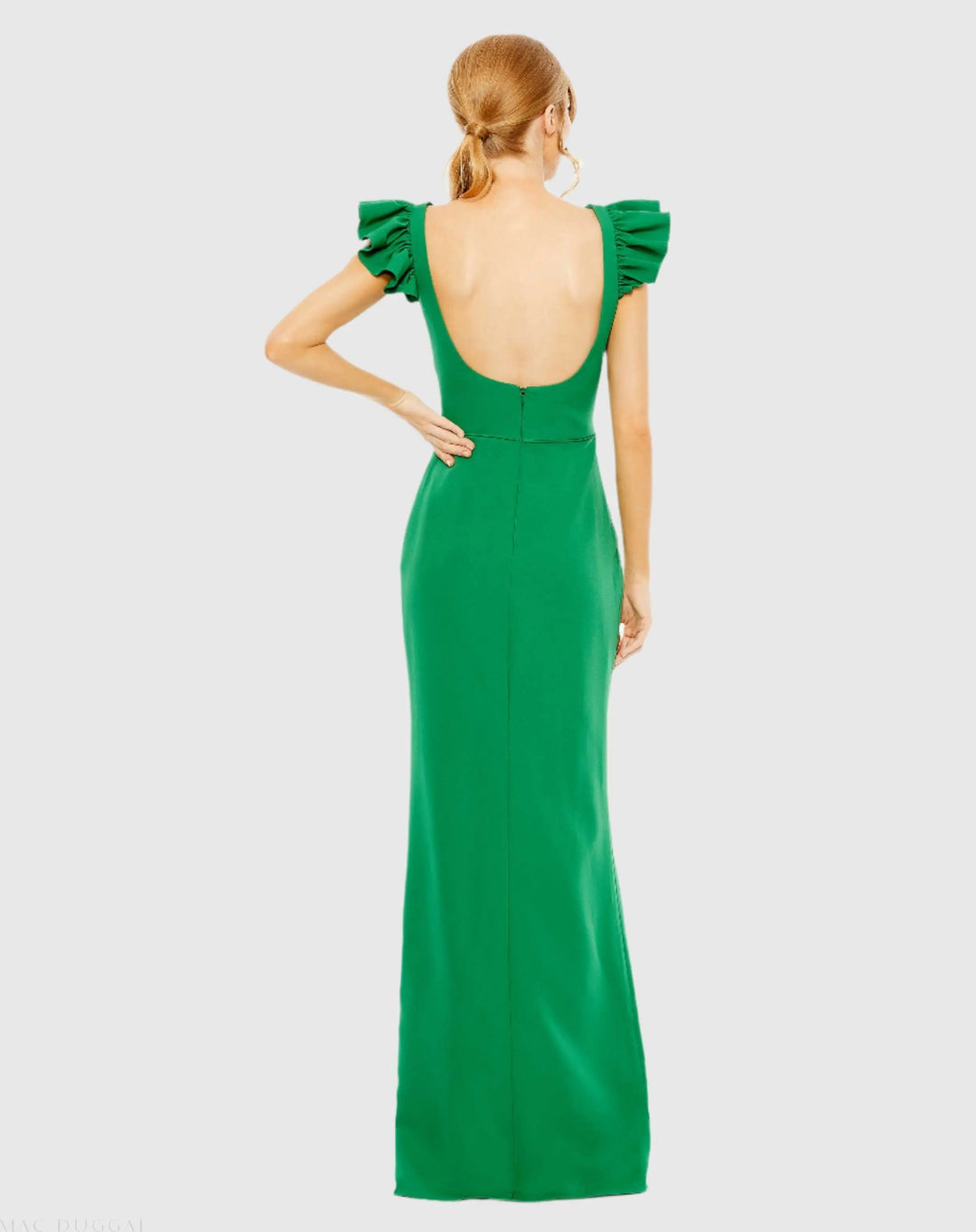 Mac Duggal 27109 Ruffle Cap Sleeve Open Back Column Gown