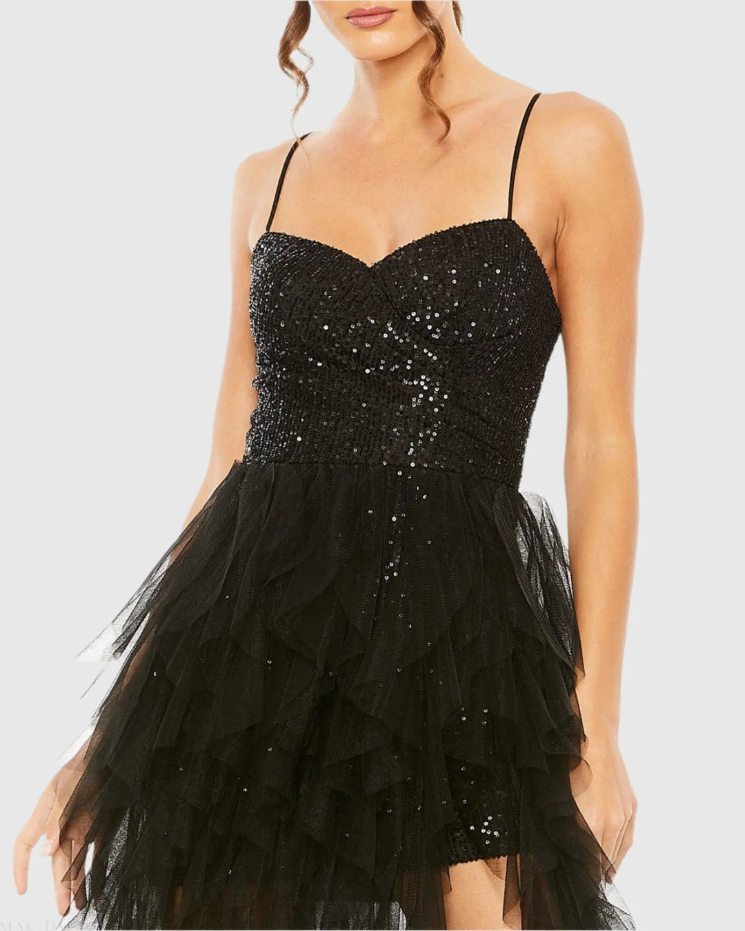 Mac Duggal 27119 Sequin Sweetheart Dress with High Low Ruffle Tulle Overskirt