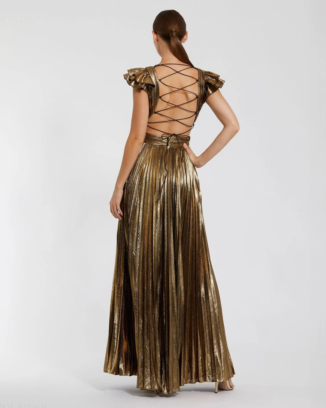 Mac Duggal 27166 Ruffle Sleeve Cutout Pleated Metallic Gown