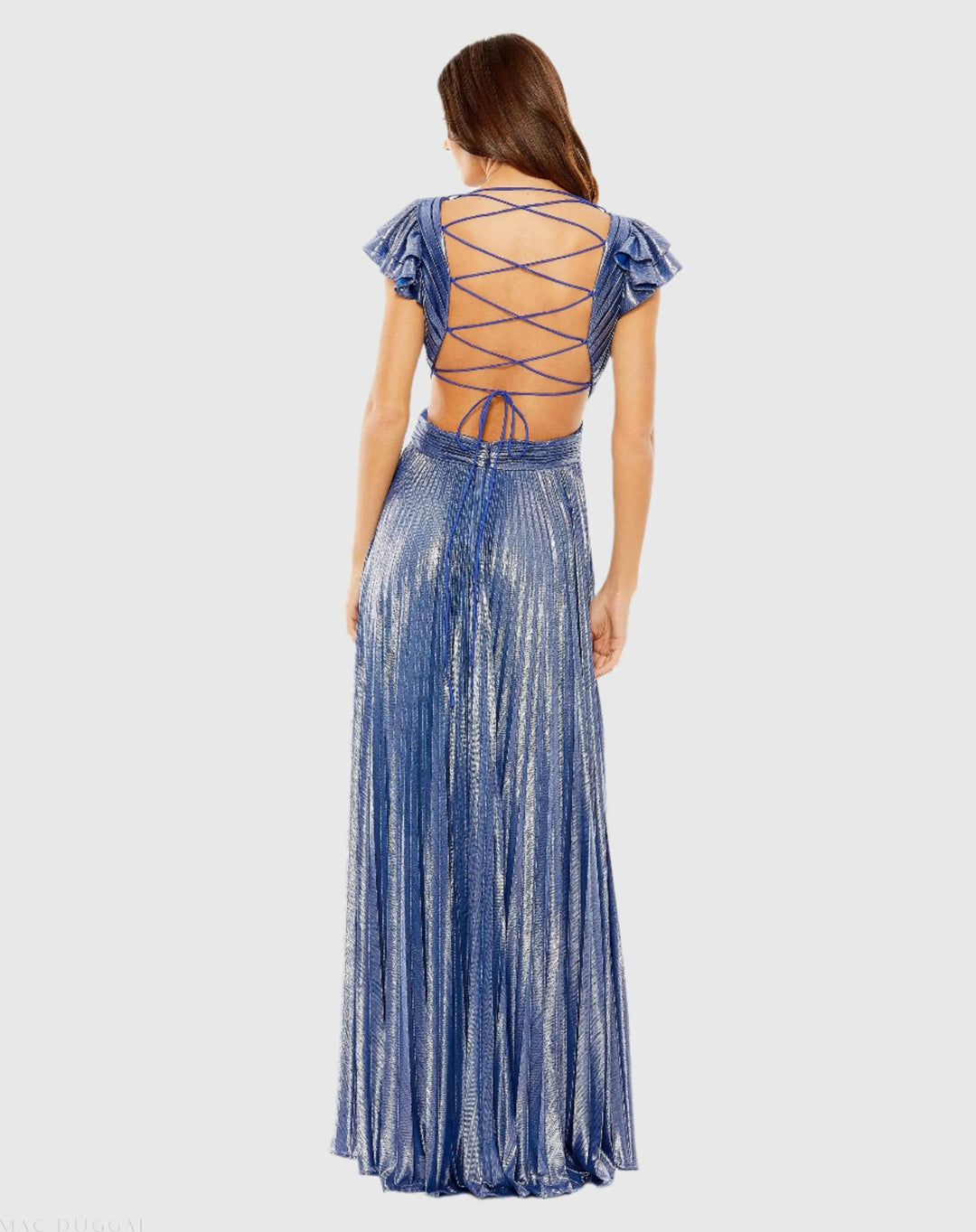 Mac Duggal 27166 Blue Ruffle Sleeve Cutout Pleated Metallic Gown