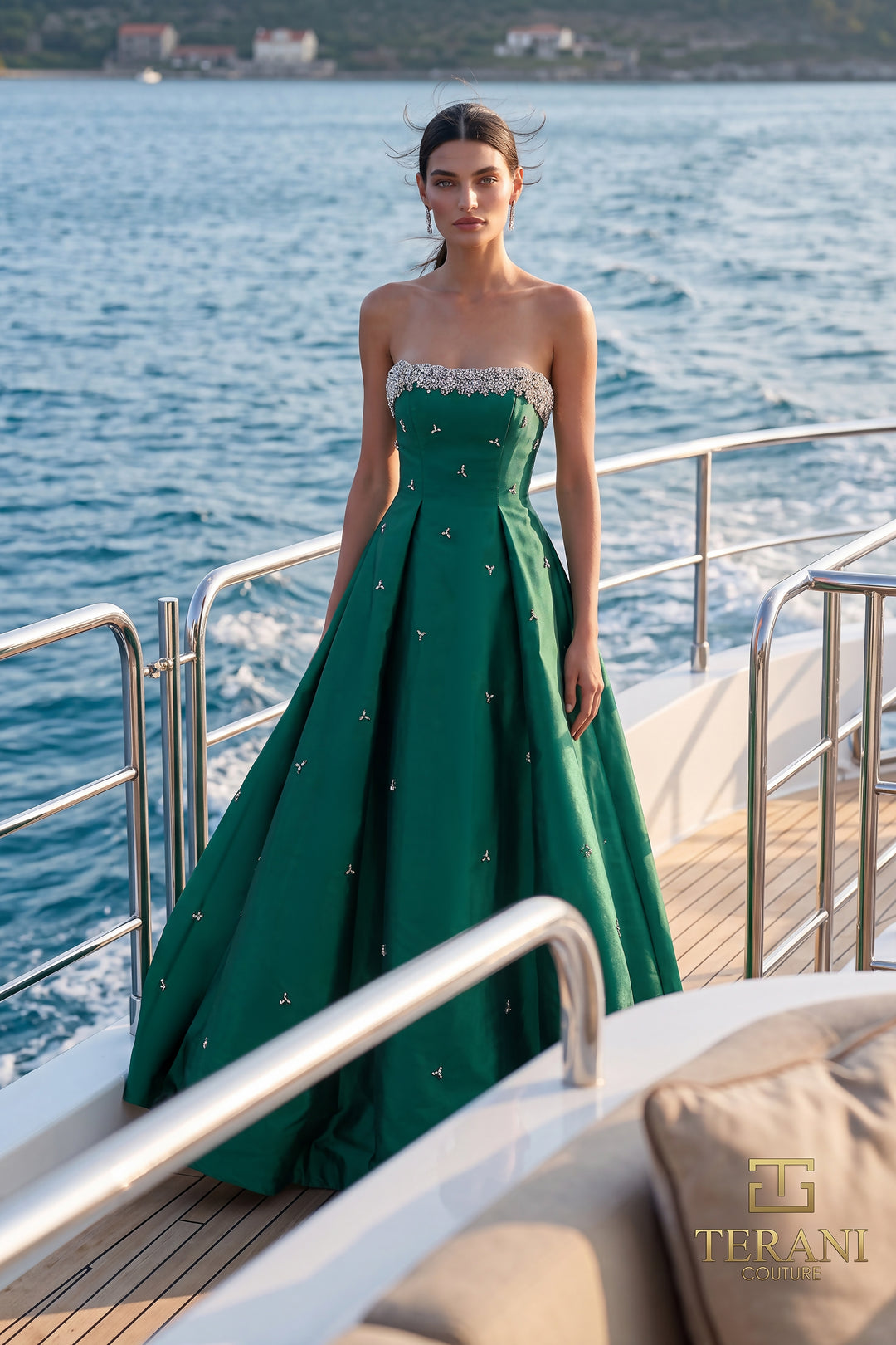 Terani 271E8077 strapless beaded scallop box pleat ball gown evening dress front view