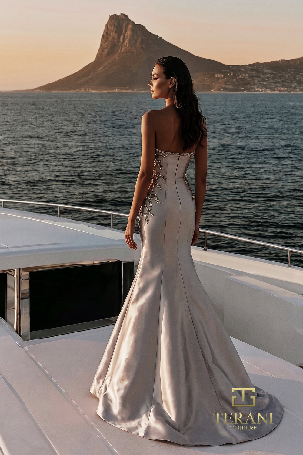 Terani 271M8405 strapless mermaid mother of the bride gown back view styled with wrap