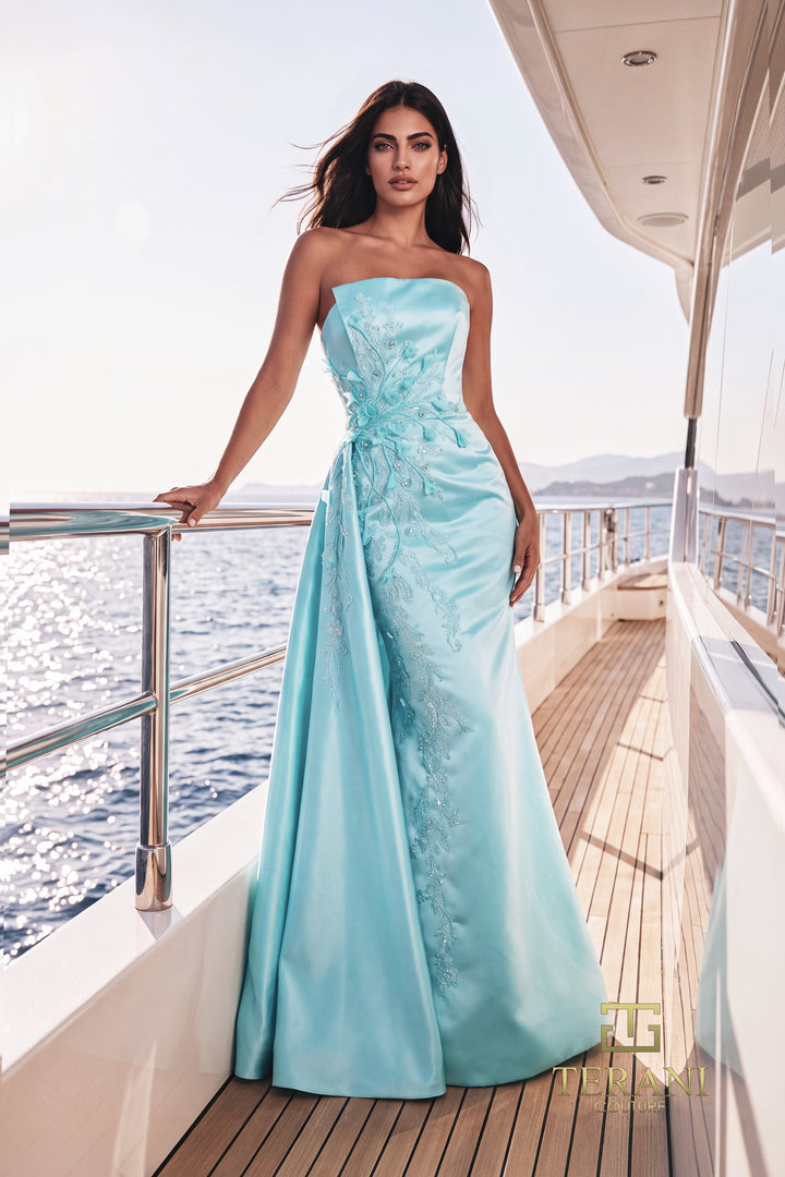 Terani 271M8420 strapless 3D floral mermaid gown with overskirt front view