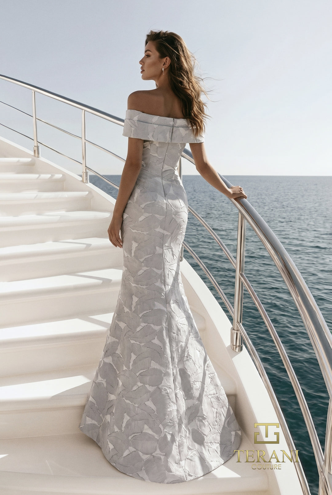 Terani 271M8446 leaf pattern mermaid gown with folded band back view