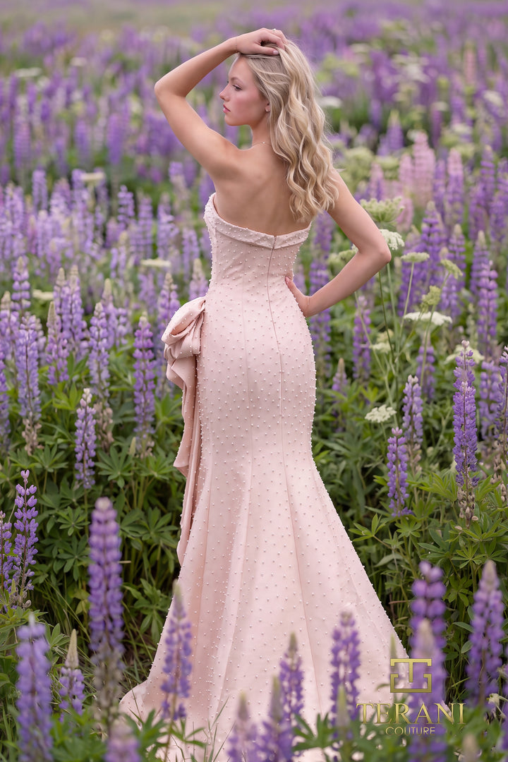 Terani 271P8055 strapless beaded draped hip panel mermaid prom dress back view