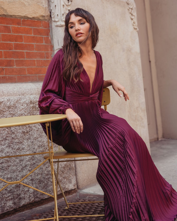 Mac Duggal 27526 Pleated Satin Long Sleeve Gown