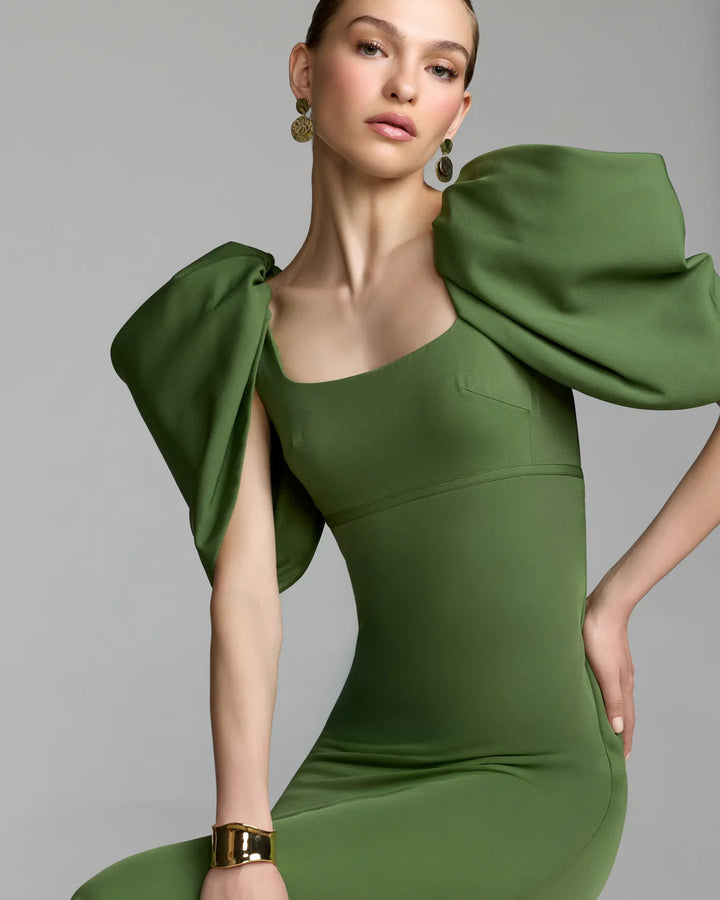 Mac Duggal 27534 Fitted Crepe Square Neck Gown with Puff Sleeves
