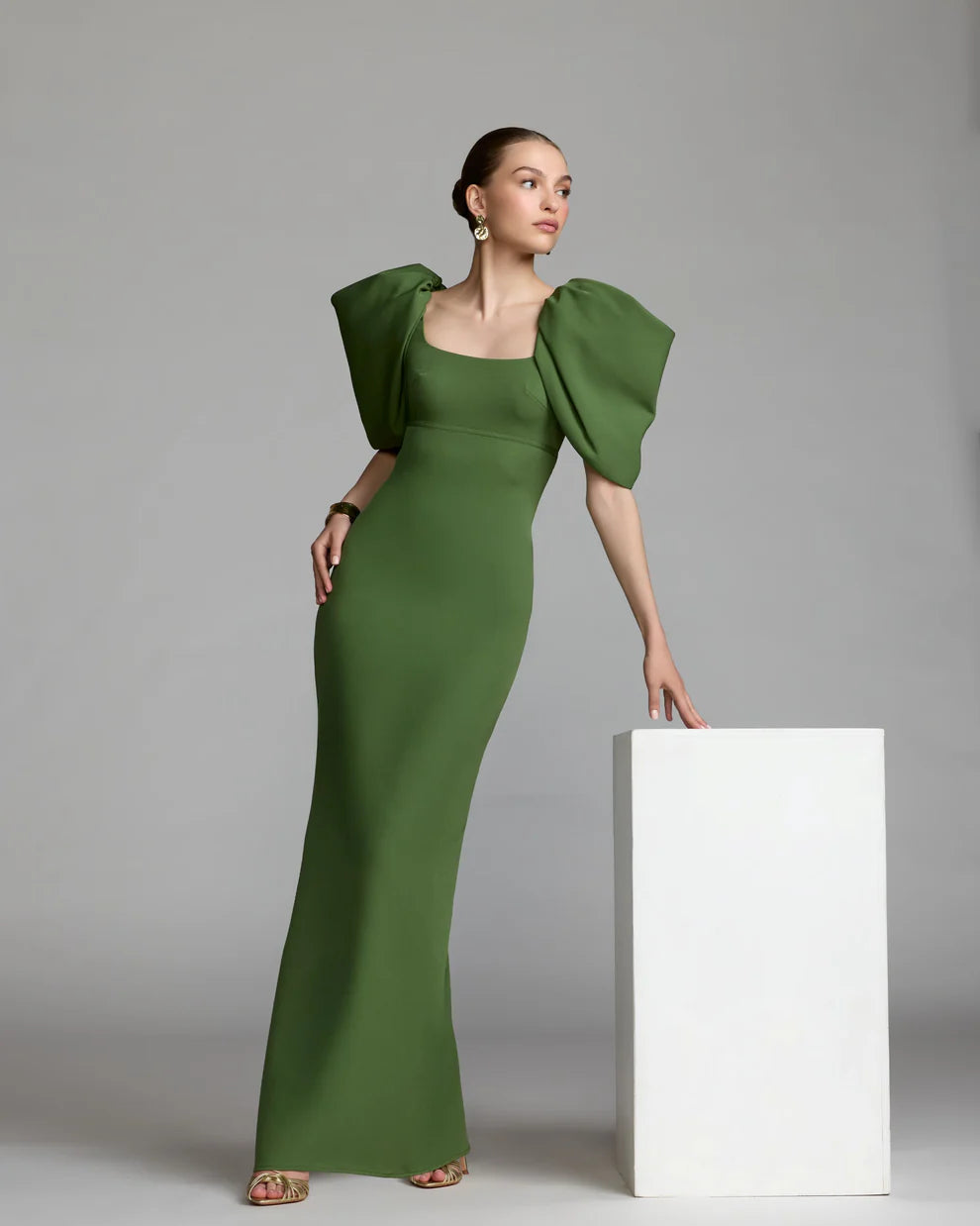 Mac Duggal 27534 Fitted Crepe Square Neck Gown with Puff Sleeves