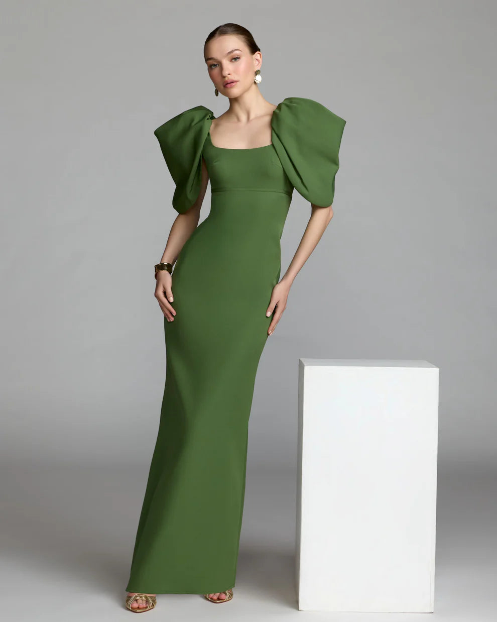 Mac Duggal 27534 Fitted Crepe Square Neck Gown with Puff Sleeves