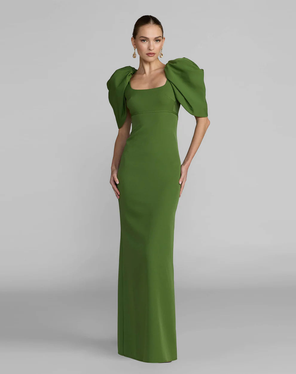 Mac Duggal 27534 Fitted Crepe Square Neck Gown with Puff Sleeves