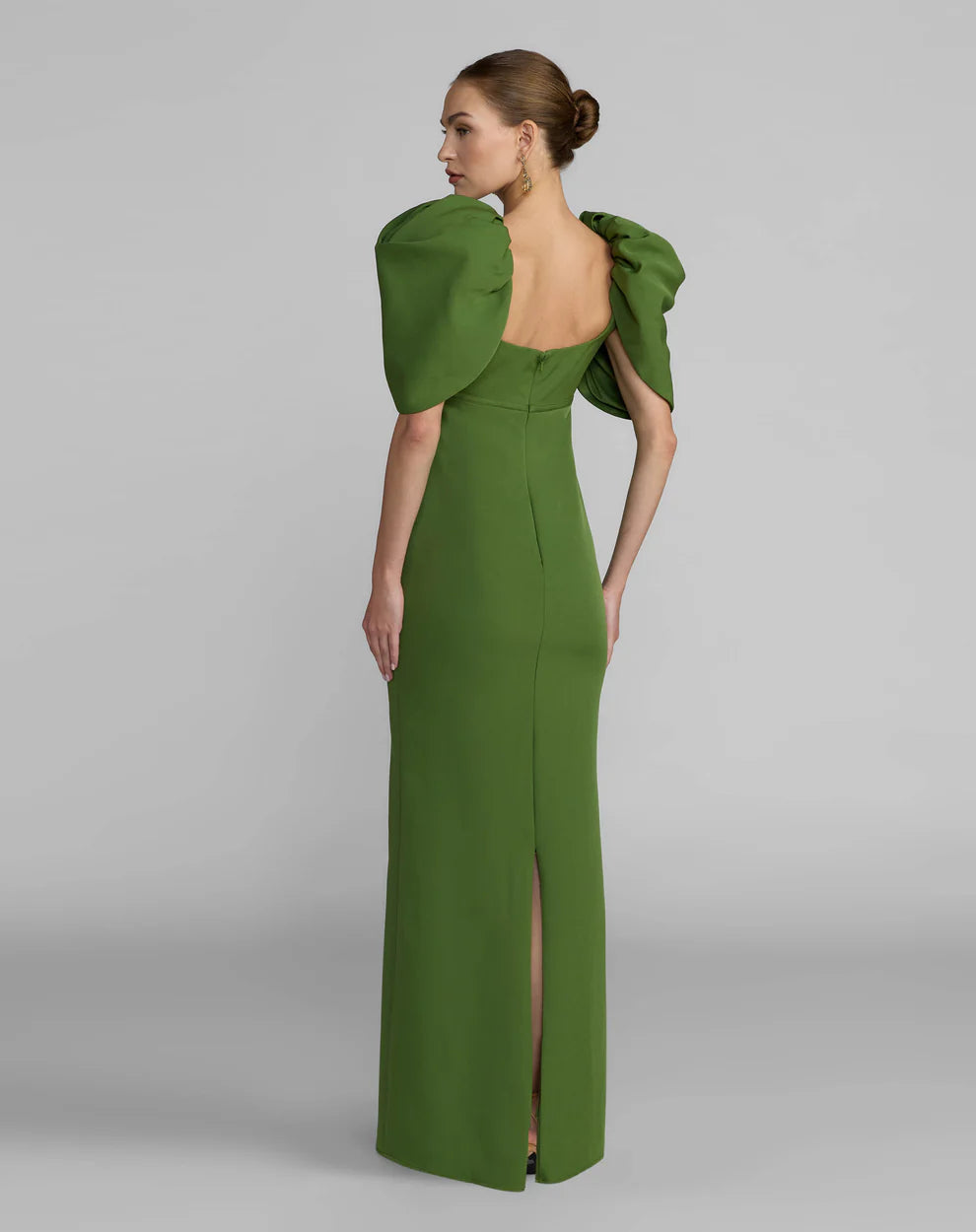 Mac Duggal 27534 Fitted Crepe Square Neck Gown with Puff Sleeves