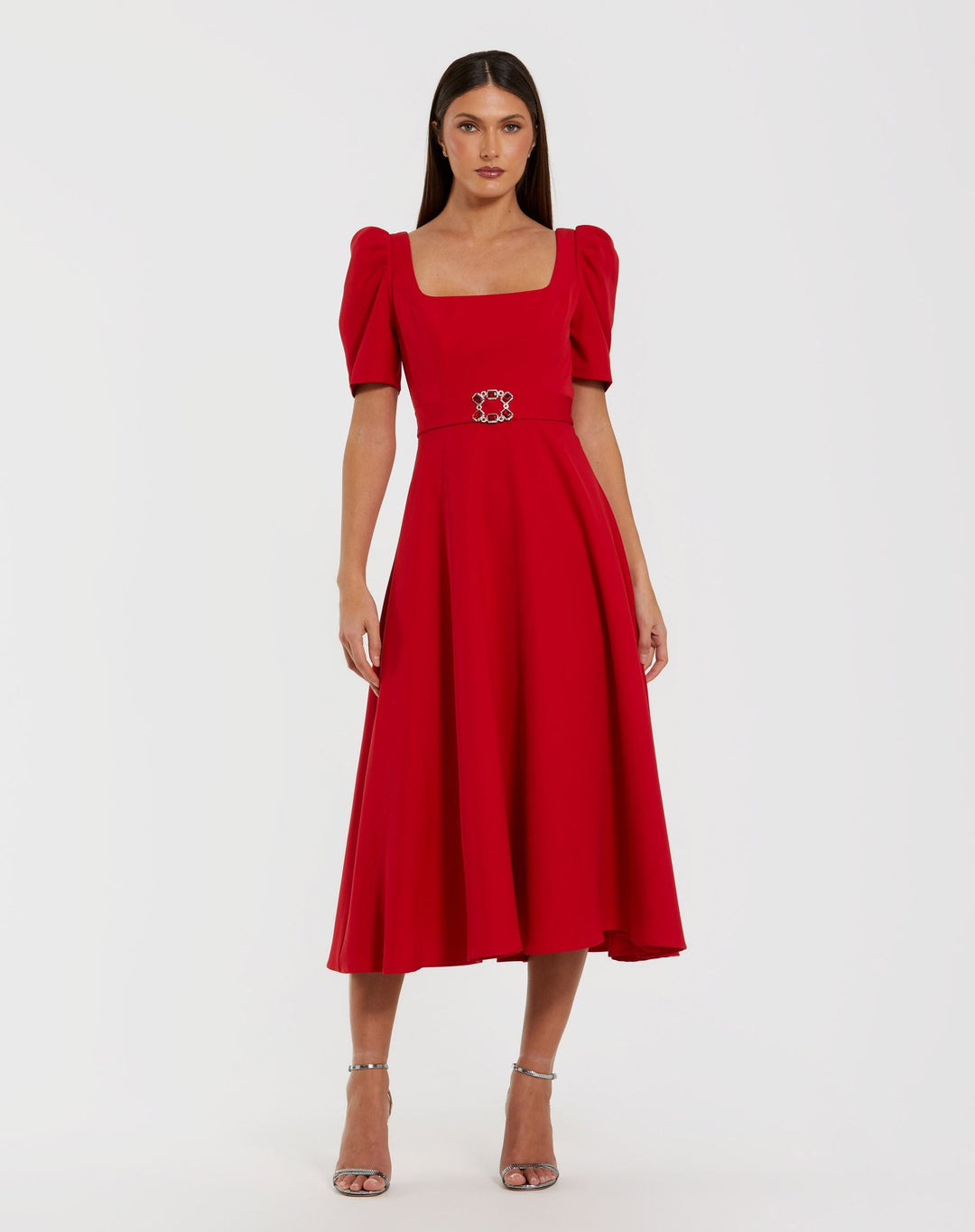 Mac Duggal 27714 Square Neck Short Sleeve Midi Dress With Belt