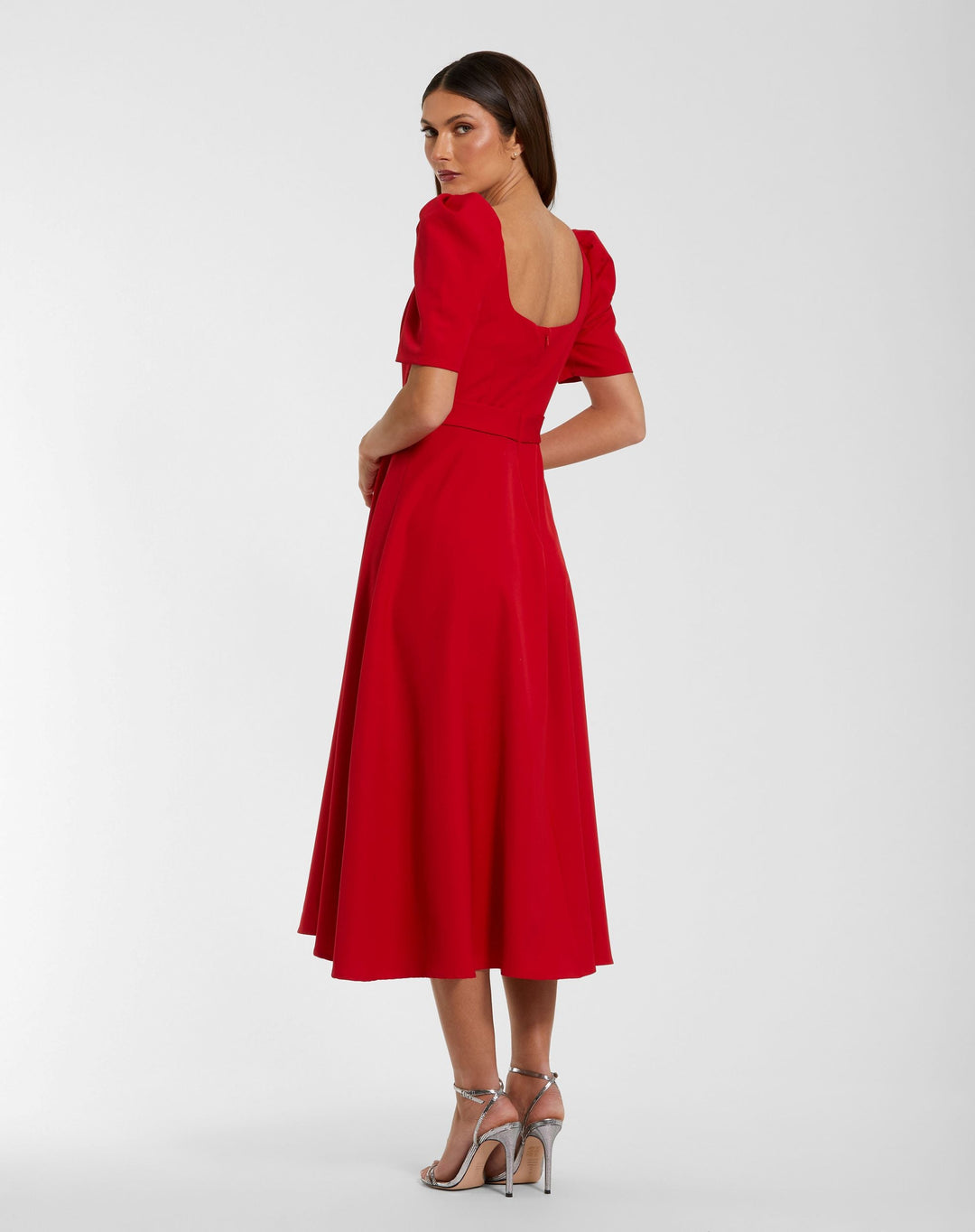 Mac Duggal 27714 Square Neck Short Sleeve Midi Dress With Belt