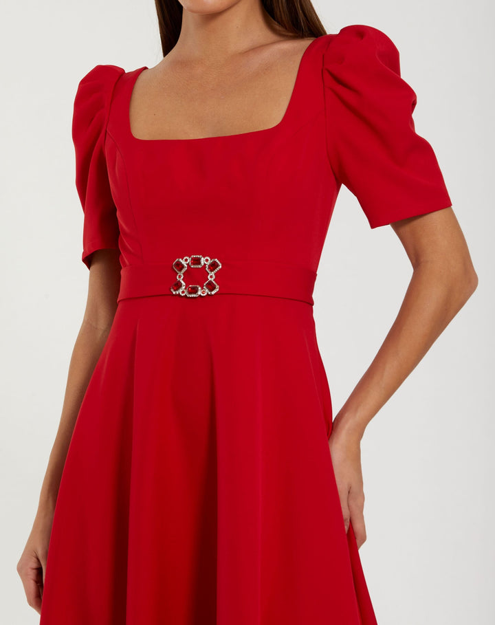 Mac Duggal 27714 Square Neck Short Sleeve Midi Dress With Belt