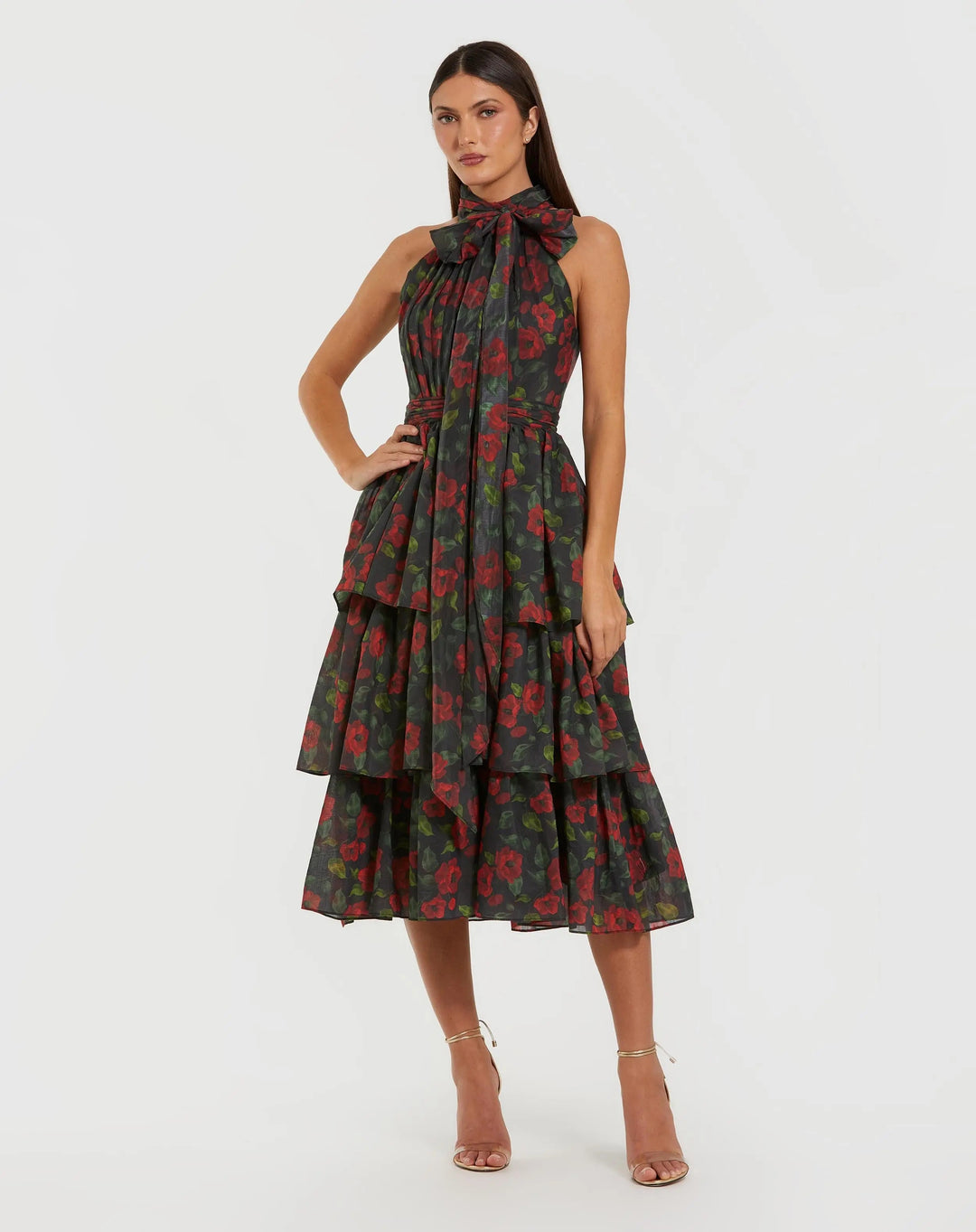 Mac Duggal 27747 Black Floral Chiffon Tiered Midi Dress with Neck Bow