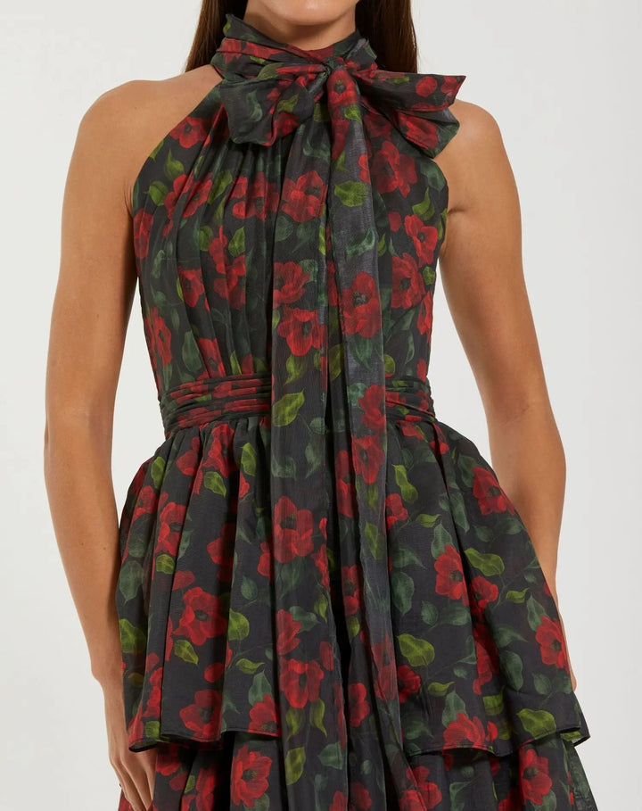 Mac Duggal 27747 Black Floral Chiffon Tiered Midi Dress with Neck Bow