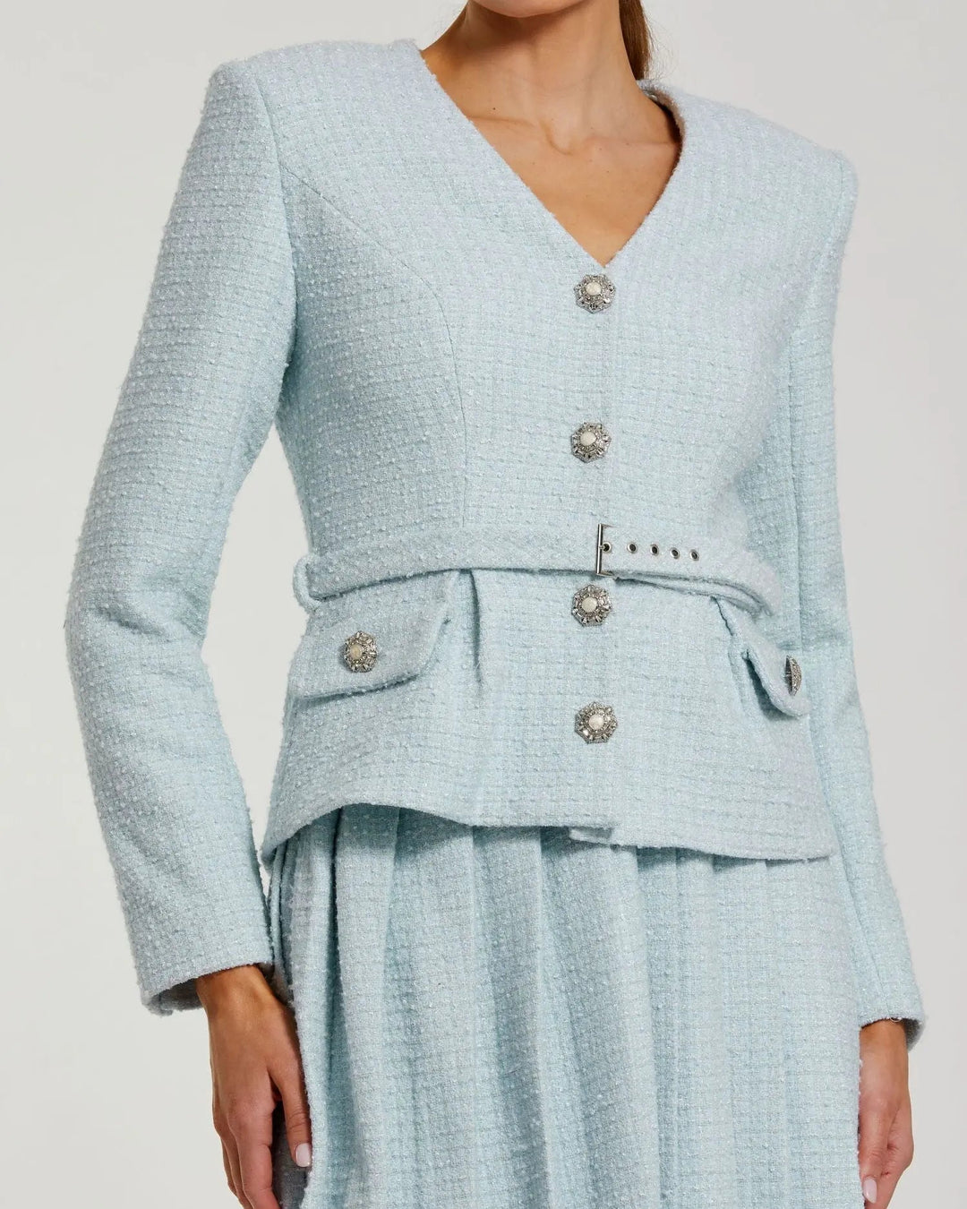 Mac Duggal 27751 Boucle Long Sleeve V Neck Midi Dress With Buttons