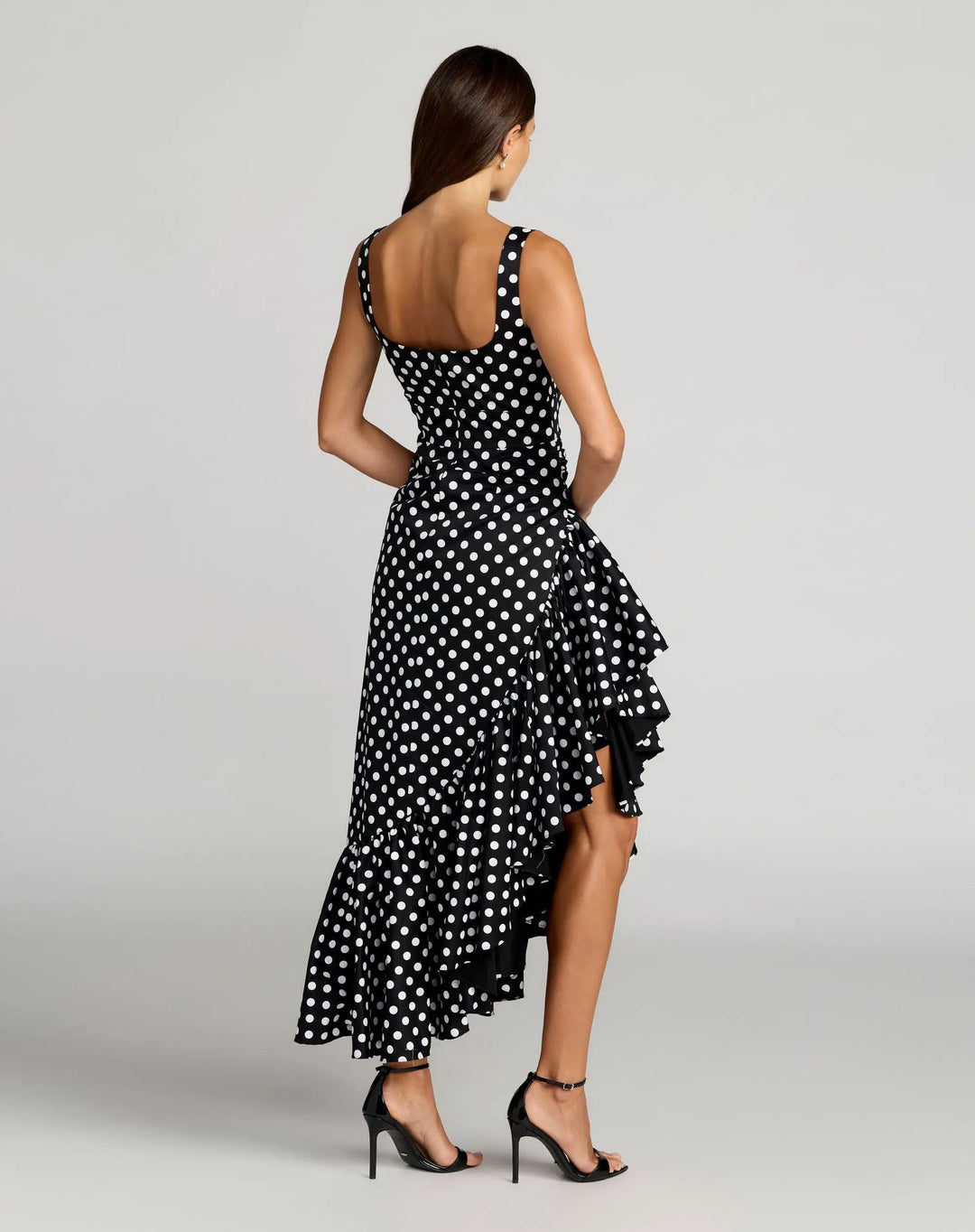 Black Sleeveless Polka Dot Midi Dress With Ruffled Hem - FOSTANI.com