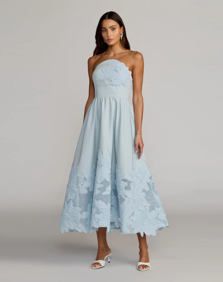 Blue Strapless Floral Appliqué Midi Dress - FOSTANI.com