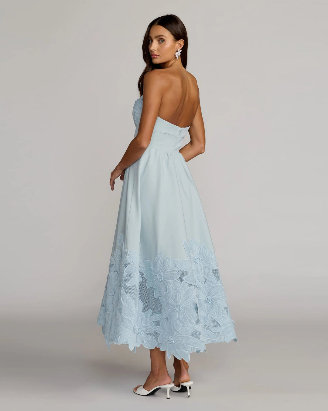 Blue Strapless Floral Appliqué Midi Dress - FOSTANI.com