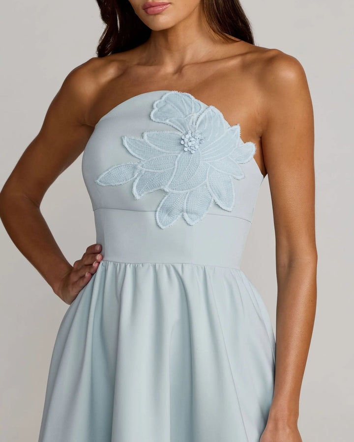 Blue Strapless Floral Appliqué Midi Dress - FOSTANI.com