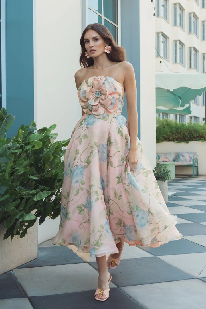 Pink Strapless Floral Organza Midi Dress With Flower - FOSTANI.com