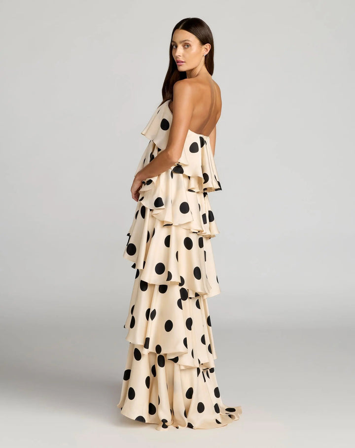 Beige Strapless Polka Dot Charmeuse Ruffle Gown - FOSTANI.com