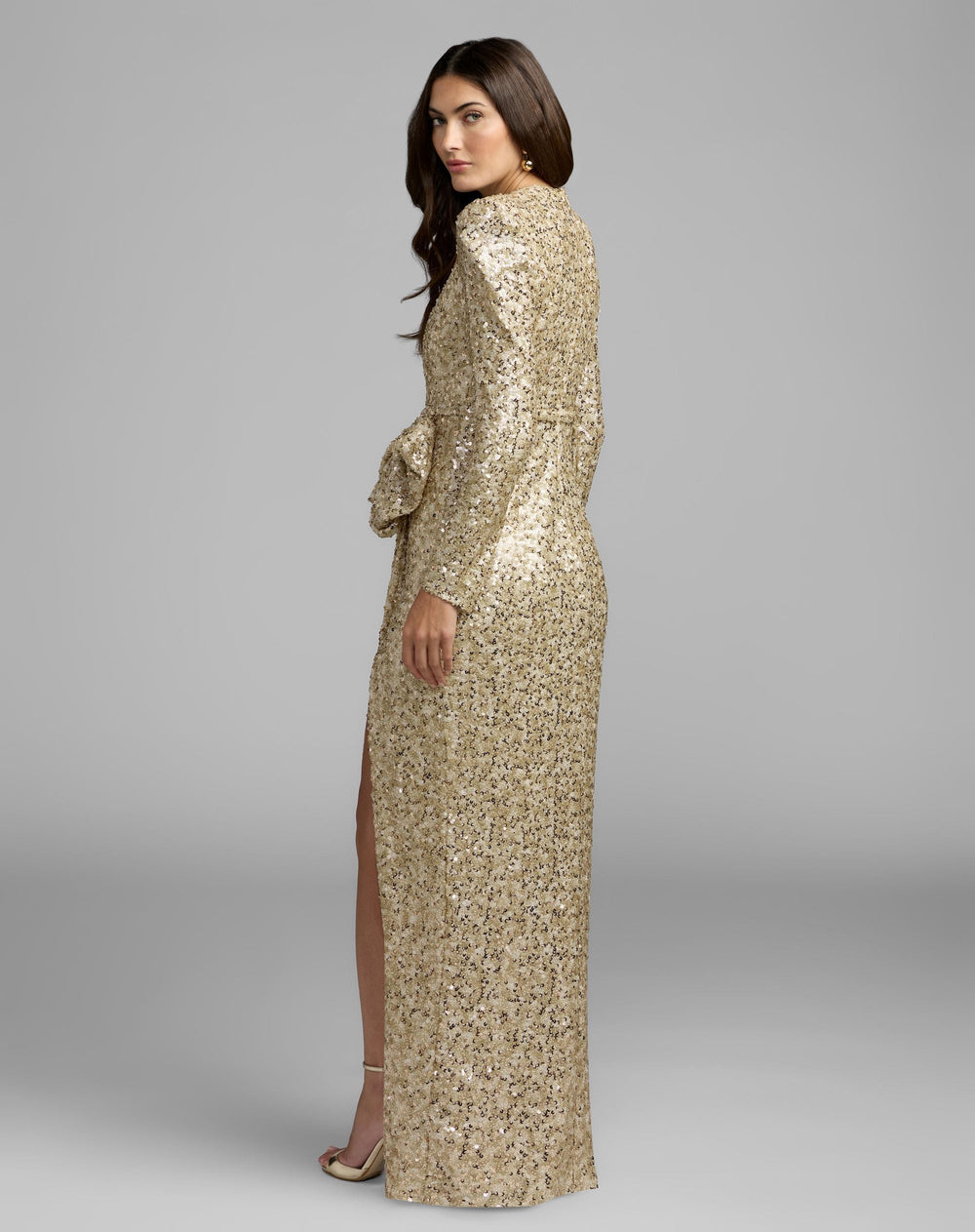 Mac Duggal 27852 Long Sleeve Sequin Gown With Bow
