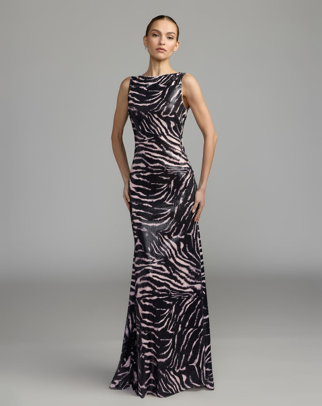 Mac Duggal 27860 and Tiger Print Cowl Back Sequin Gown