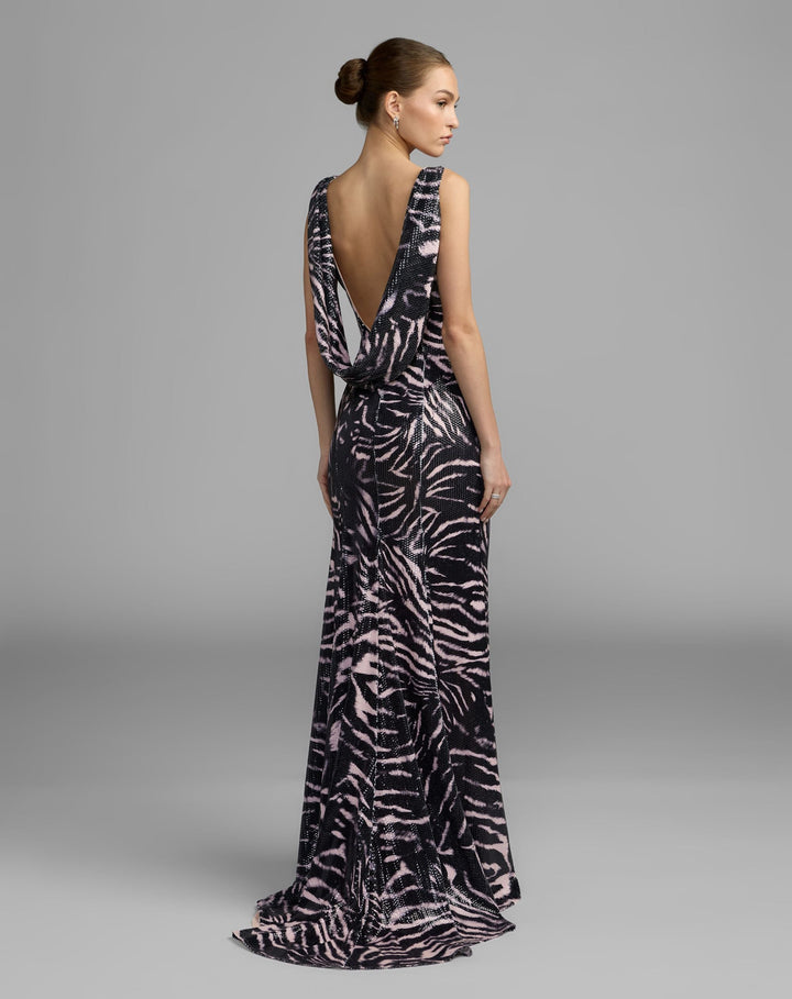 Mac Duggal 27860 and Tiger Print Cowl Back Sequin Gown