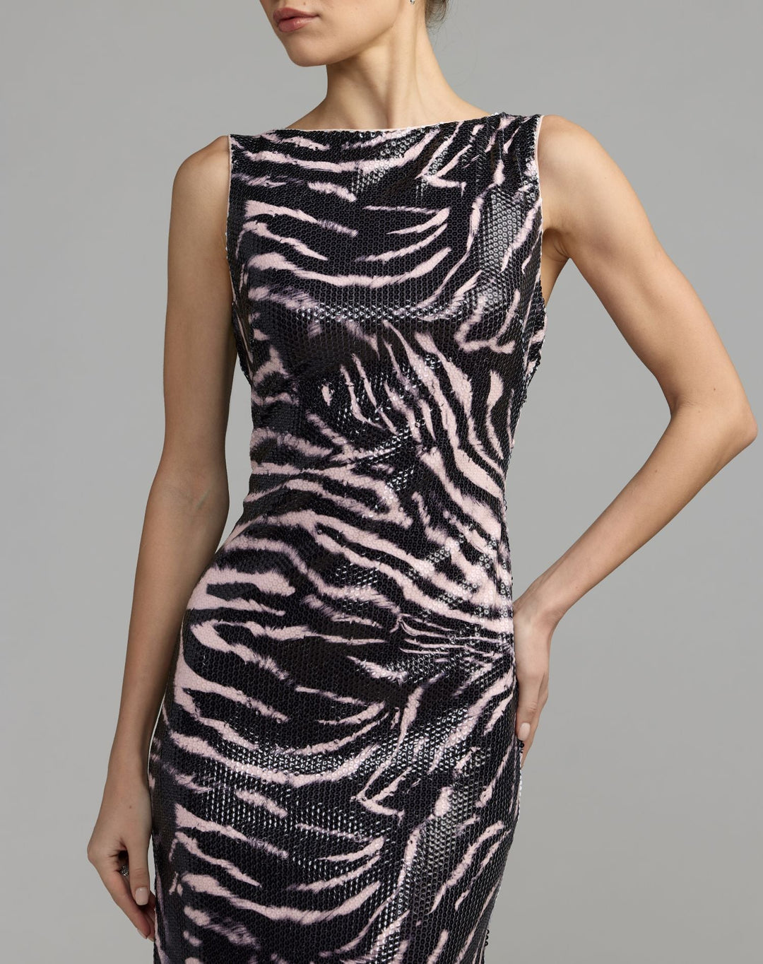 Mac Duggal 27860 and Tiger Print Cowl Back Sequin Gown