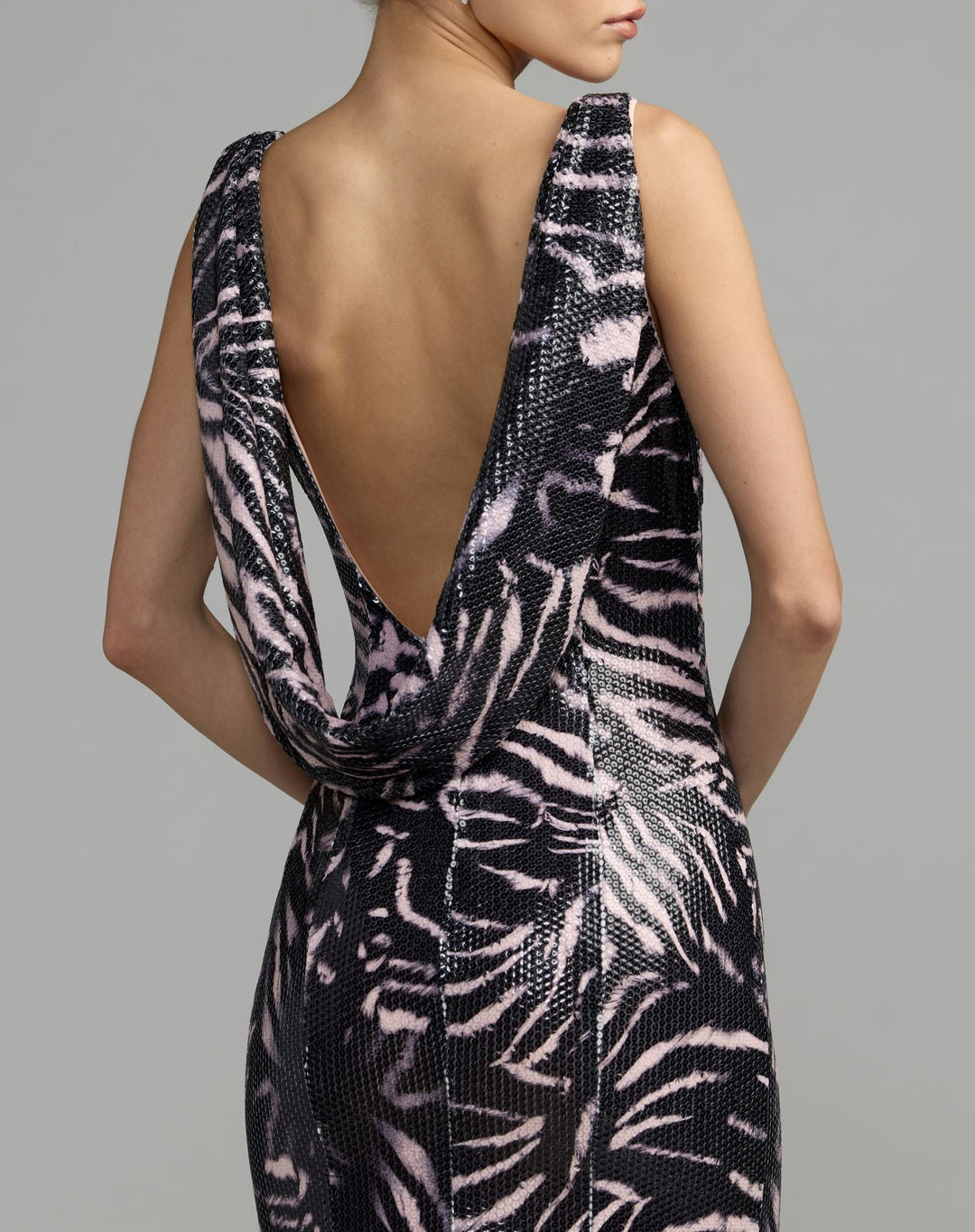 Mac Duggal 27860 and Tiger Print Cowl Back Sequin Gown