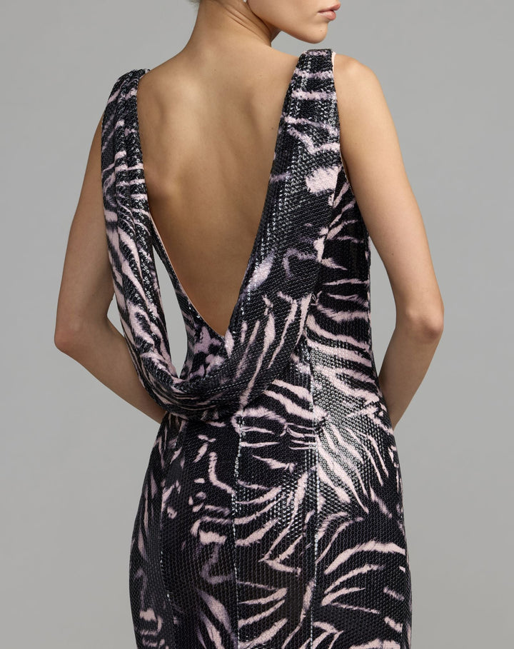 Mac Duggal 27860 and Tiger Print Cowl Back Sequin Gown