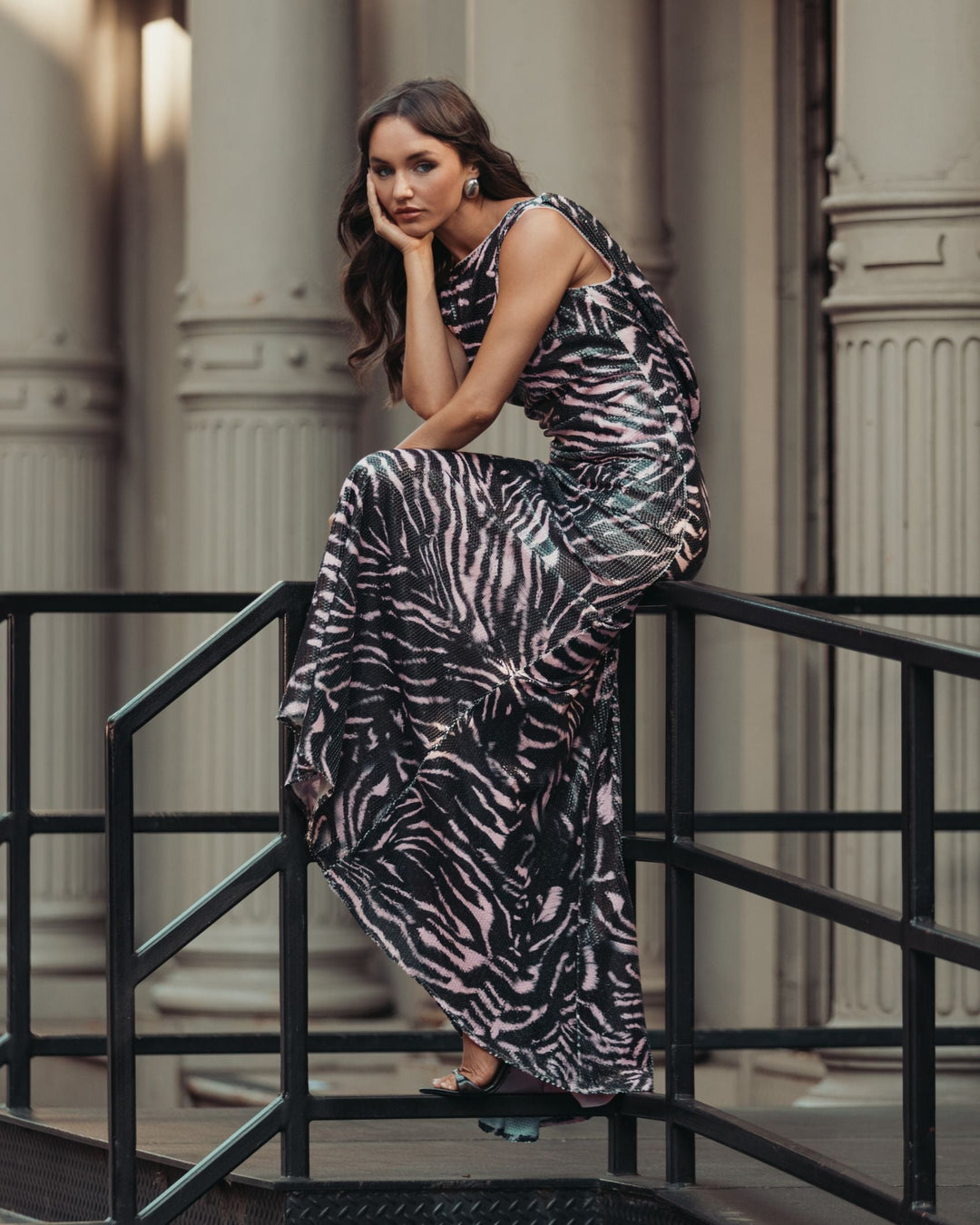 Mac Duggal 27860 and Tiger Print Cowl Back Sequin Gown