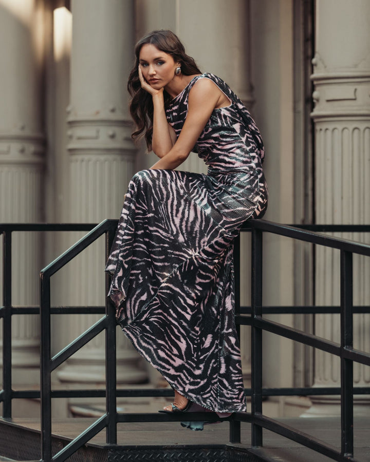 Mac Duggal 27860 and Tiger Print Cowl Back Sequin Gown