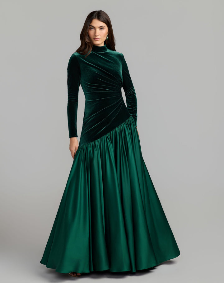 Mac Duggal 27897 Velvet Bodice Long Sleeve Charmeuse Gown