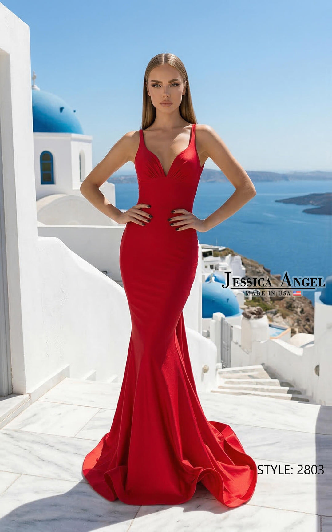 Jessica Angel 2803 V-neck open back bow mermaid gown front view