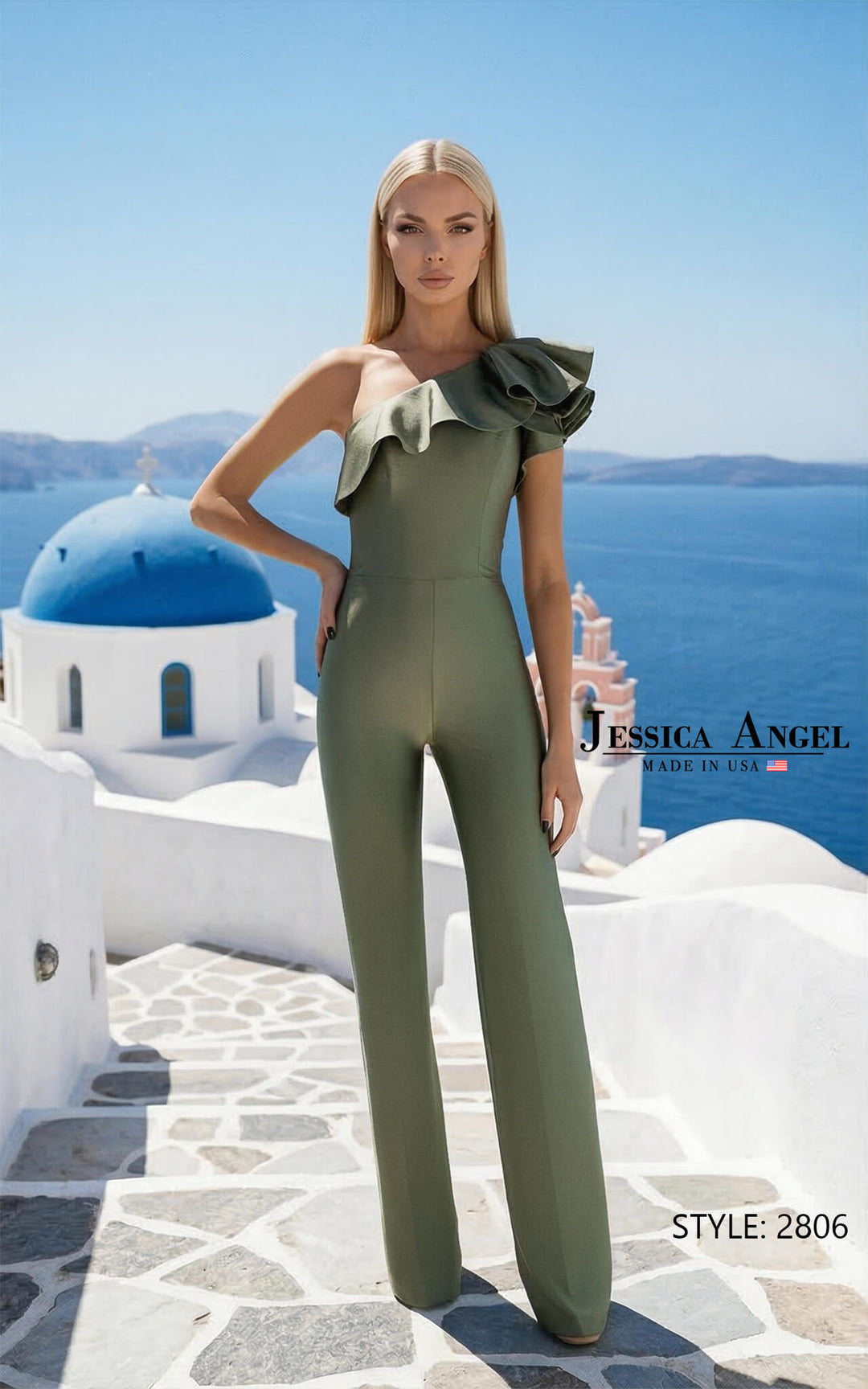 Jessica Angel 2806 one shoulder ruffle wide leg jumpsuit front view