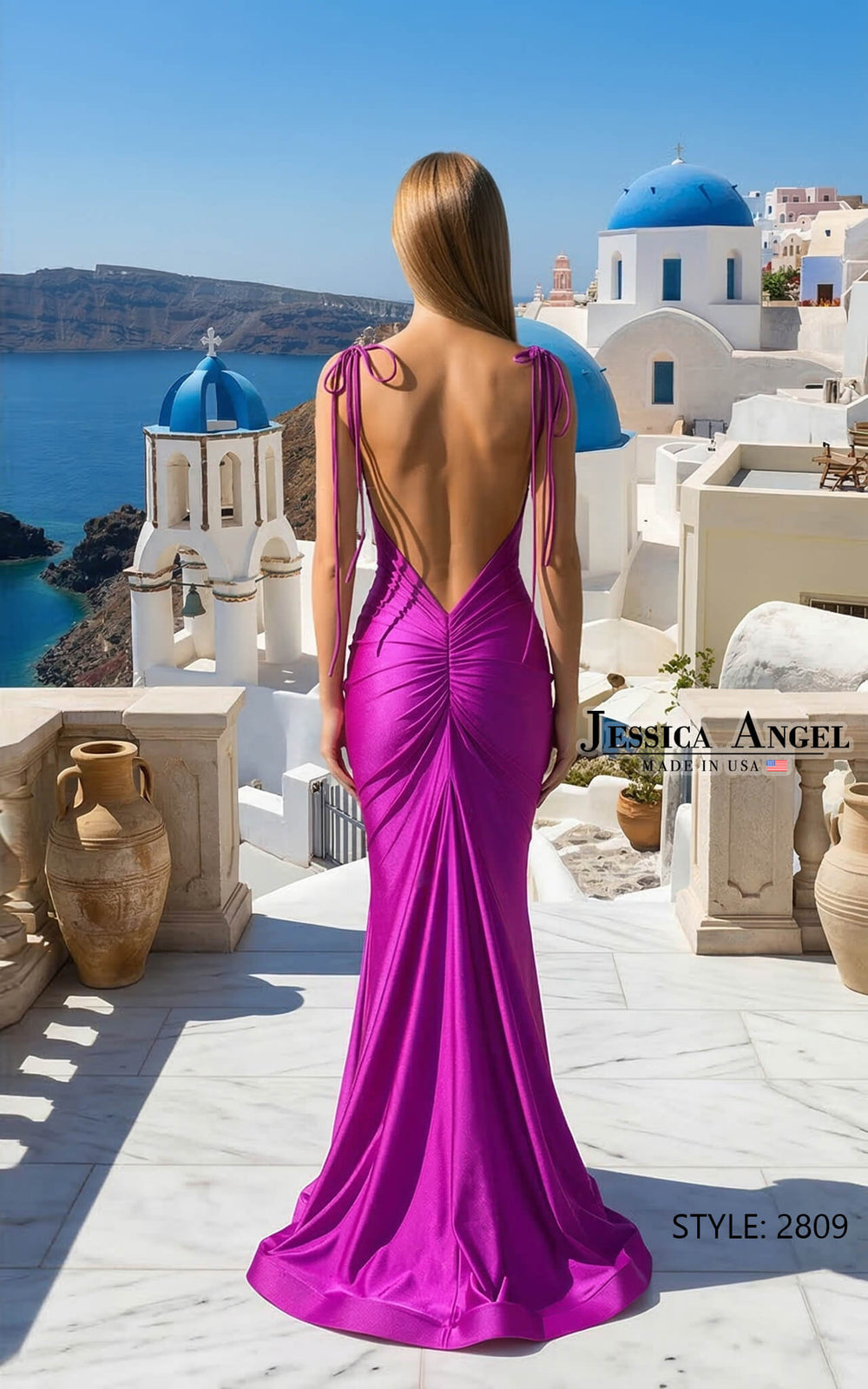 Jessica Angel 2809 high neck deep V back mermaid gown back view
