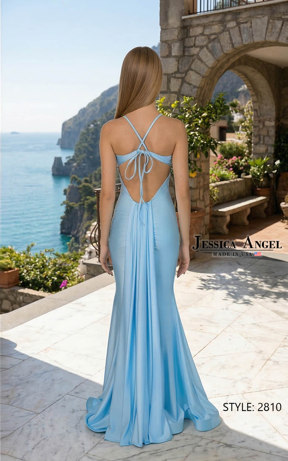 Jessica Angel 2810 V-neck twist drape open back mermaid gown back view